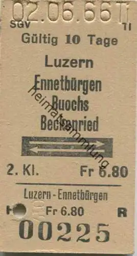 Schweiz - Luzern Ennetbüren Buochs Beckenried und zurück - Fahrkarte 2. Kl. 1966