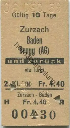 Schweiz - Zurzach Baden Brugg (AG) und zurück  via Turgi - Fahrkarte 2. Kl. 1959