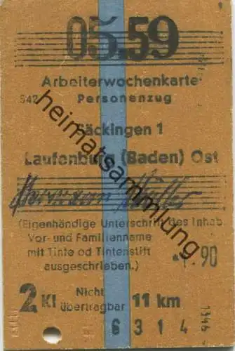 Deutschland - Arbeiterwochenkarte - Personenzug Säckingen Laufenburg (Baden) Ost - Fahrkarte 2. Kl. 1959