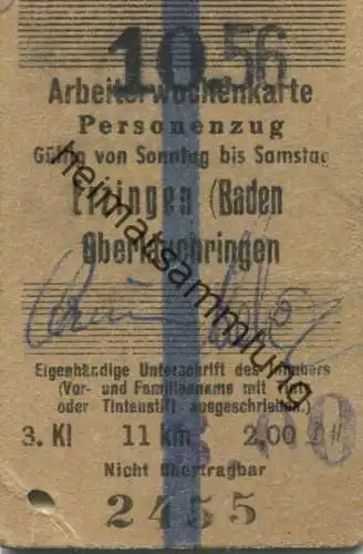 Deutschland - Arbeiterwochenkarte - Personenzug Erzingen (Baden) Oberlauchringen - Fahrkarte 3. Kl. 1956