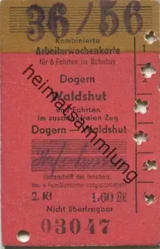 Deutschland - Kombinierte Arbeiterwochenkarte für 6 Fahrten im Bahnbus Dogern Waldshut und Fahrten im zugschlagfreien Zu