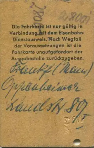 Deutschland - WD - Fahrkarte - Personenzug Frankfurt (Main) Süd Frankfurt (Main) Hbf - Fahrkarte 2. Kl. 1957