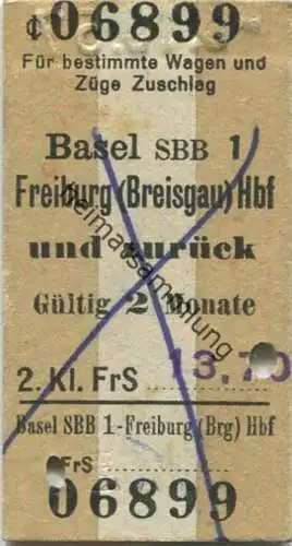 Deutschland - Schweiz - Basel SBB Freiburg (Breisgau) Hbf. und zurück - Fahrkarte 2. Kl. FrS 13.70 1957