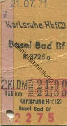 Deutschland - Karlsruhe Hbf. Basel Bad Bf - Fahrkarte 2. Kl. 1971