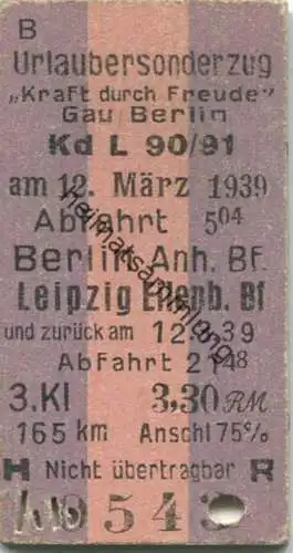 Deutschland - Urlaubersonderzug - "Kraft durch Freude" Gau Berlin - am 12. März 1939 Abfahrt 5:04 Berlin Anh. Bf. Leipzi