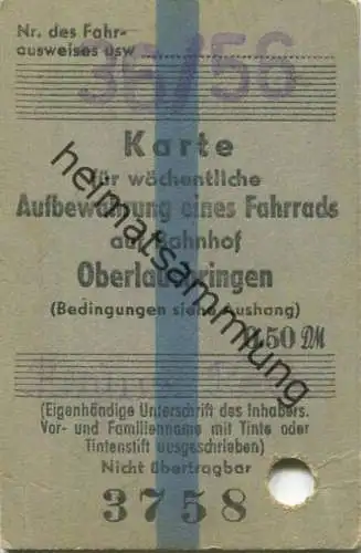 Deutschland - Karte für wöchentliche Aufbewahrung eines Fahrrads auf Bahnhof Oberlauchringen 1956