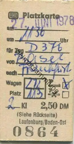Deutschland - Platzkarte für den Zug D376 von Basel nach Frankfurt - 1978 2. Kl. 2,50DM