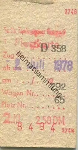 Deutschland - Berlin Zoologischer Garten - Platzkarte Zug Nr. D 358 - 1978 2. Kl. 2,50DM