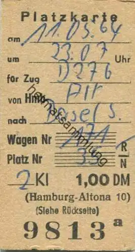 Deutschland - Platzkarte für den Zug D276 von Hmb Alt nach Basel - 1964 2. Kl. 1,00DM