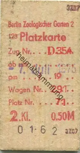 Deutschland - Berlin Zoologischer Garten - Platzkarte Zug Nr. D 354 - 1975 2. Kl. 0,50DM