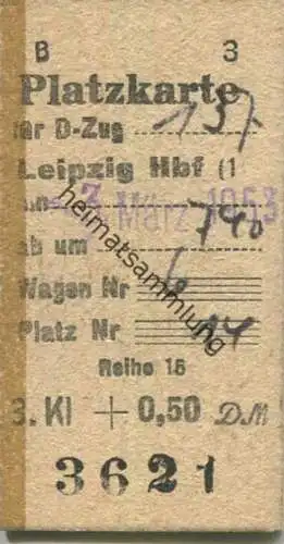 Deutschland - Platzkarte für den D-Zug 137 Leipzig Hbf - 1953 3. Kl 0,50 DM