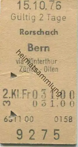 Schweiz - Rorschach Bern via Winterthur Zürich Olten - Fahrkarte 1976