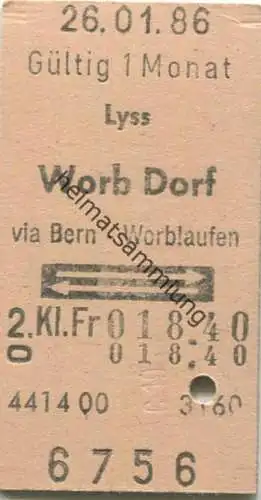 Schweiz - Lyss Worb Dorf via Bern Worblaufen und zurück - Fahrkarte 1986