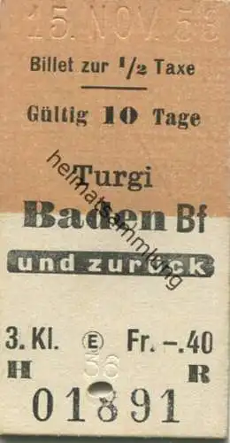 Schweiz - Turgi Baden Bf und zurück - Fahrkarte 3. Kl. 1953
