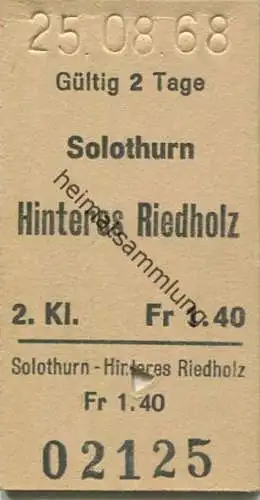 Schweiz - Solothurn Hinteres Riedholz - Fahrkarte 2. Kl. 1968