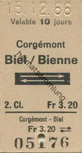 Schweiz - Corgemont Biel/Bienne - Fahrkarte 2. Kl. 1966