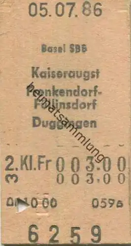 Schweiz - Basel SBB Kaiseraugst Frenkendorf-Füllinsdorf Duggingen - Fahrkarte 2. Kl. 1986