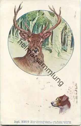 Jagd - Hirsch - Hund - Künstleransichtskarte ca. 1900