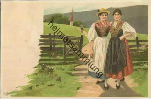 Alfred Mailick - zwei Frauen in Tracht - Künstleransichtskarte ca. 1900