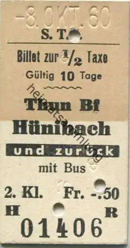 Schweiz - S.T.I. (Steffisburg&ndash;Thun&ndash;Interlaken) Thun Bf Hünibach und zurück mit Bus - Fahrkarte 1/2 Taxe 2. K