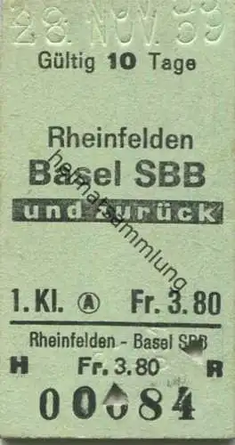 Schweiz - Rheinfelden Basel SBB und zurück - Fahrkarte 1. Klasse 1959