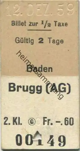 Schweiz - Baden Brugg (AG) - Fahrkarte 2. Kl. 1959