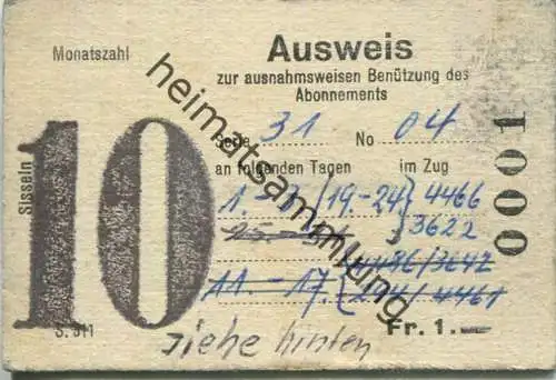 Schweiz - Sisseln - Ausweis zur ausnahmsweisen Benützung des Abonnements an folgenden Tagen - Fahrkarte 1959
