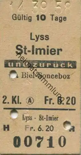 Schweiz - Lyss St-Imier und zurück via Biel-Sonceboz - Fahrkarte 1958
