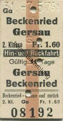 Schweiz - Beckenried Gersau - 2. Klasse Hin- und Rückfahrt - Fahrkarte 1957