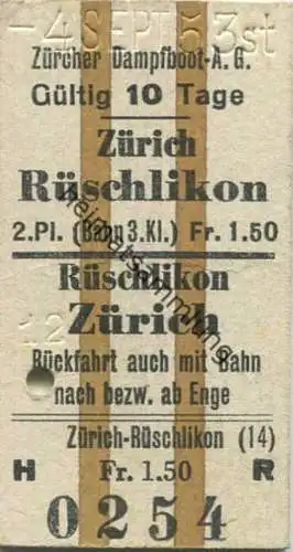 Schweiz - Zürcher Dampboot AG - Zürich Rüschlikon 2. Pl. (Bahn 3. Kl.) - Fahrkarte 1953