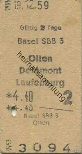 Schweiz - Basel SBB 3 - Olten Delemont Laufenburg - Fahrkarte 2. Klasse 1959