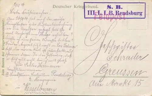 Nachtübung - Deutscher Kriegerbund - Kastenstempel S. B. III. L. L. B. Rendsburg gel. 1914