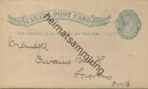 Kanada - Postkarte mit Zudruck - The Canadian Bank of Commerce - Ganzsache gel. 1892