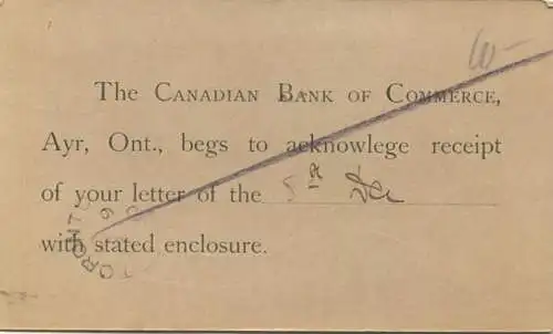 Kanada - Postkarte mit Zudruck - The Canadian Bank of Commerce - Ganzsache gel. 1892