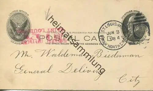 USA - Postkarte mit rotem Zusatzstempel/red stamp GENERAL DELIVERY - Ganzsache gel. 1904