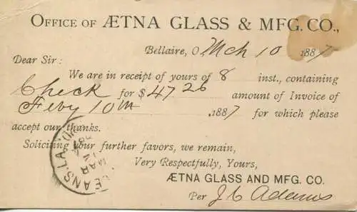USA - Postkarte mit Zudruck - Aetna Glass & MFG. Co. - Ganzsache gel. 1887
