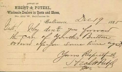 USA - Postkarte mit Zudruck - Hecht & Putzel - Wholesale Dealers in Boots and Shoest - Ganzsache gel. 1885