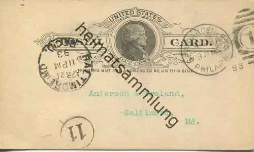 USA - Postkarte mit Zudruck - Black Diamond File Works - Ganzsache gel. 1893