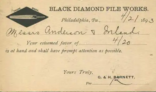 USA - Postkarte mit Zudruck - Black Diamond File Works - Ganzsache gel. 1893
