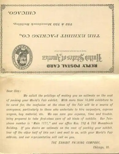 USA - Postkarte mit Zudruck - Doppelkarte - The Exhibit Packing Company - Ganzsache gel. 1893