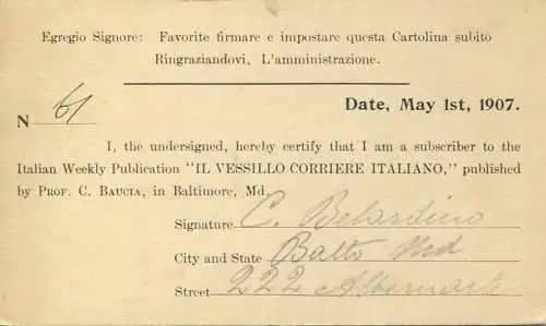 USA - Postkarte mit Zudruck 1907 - Il Vessillo Corriere Italiano - Unterschrift C. Belardino - Ganzsache gel. 1907