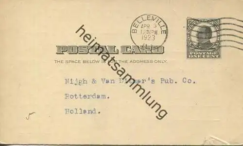 USA - Postkarte mit Zudruck 1923 - Belleville Public Library - Unterschrift Bella Steuernagel - Ganzsache