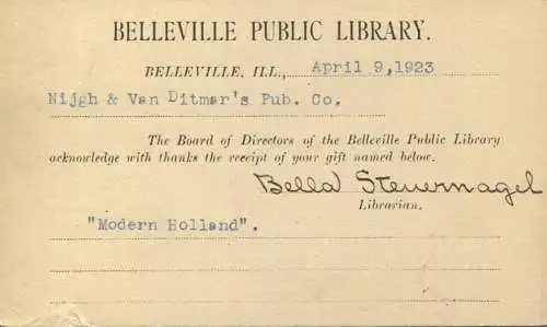 USA - Postkarte mit Zudruck 1923 - Belleville Public Library - Unterschrift Bella Steuernagel - Ganzsache