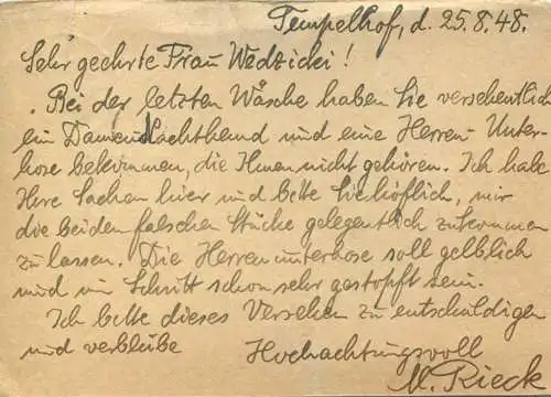 Karte (Bedarf) frankiert mit Mi-Nr. 39I von Berlin-Tempelhof (West) nach Berlin-Falkensee (SBZ) - Stempel 'Zurück unzulä