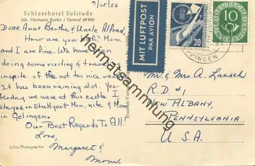 MiF der Bund Mi-Nr. 170 auf Luftpostkarte in die USA - Schlosshotel Solitude bei Stuttgart
