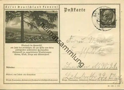 Morbach - Bildpostkarte 1938 - Ganzsache - Rückseite handgemalte Blümchen gel. 1938