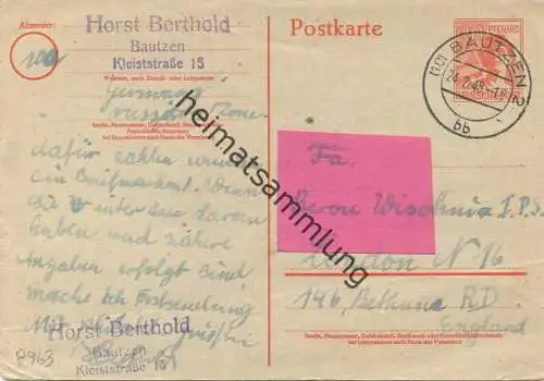 P963 gelaufen 1948 von Bautzen nach England - Ganzsache