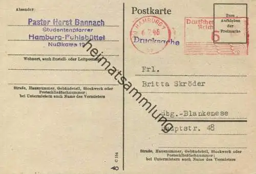 Hamburg - Notausgabe - Ganzsache - Stempel Hamburg 1 - Druckvermerk C 154 - Absender Studentenpfarrer Horst Bannach Hamb