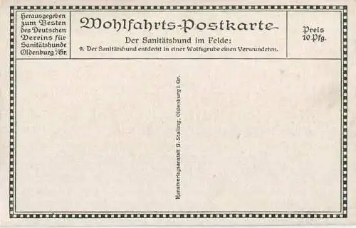 Wohlfahrts-Postkarte - Nr. 9 ... entdeckt in einer Wolfsgrube einen Verwundeten - Der Sanitätshund im Felde - Verlag G.