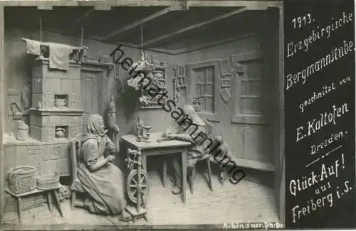 Freiberg - Erzgebirgische Bergmannstube geschnitzt von E. Kaltofen 1913 Dresden - Foto-AK 20er Jahre - Verlag A. Lindner